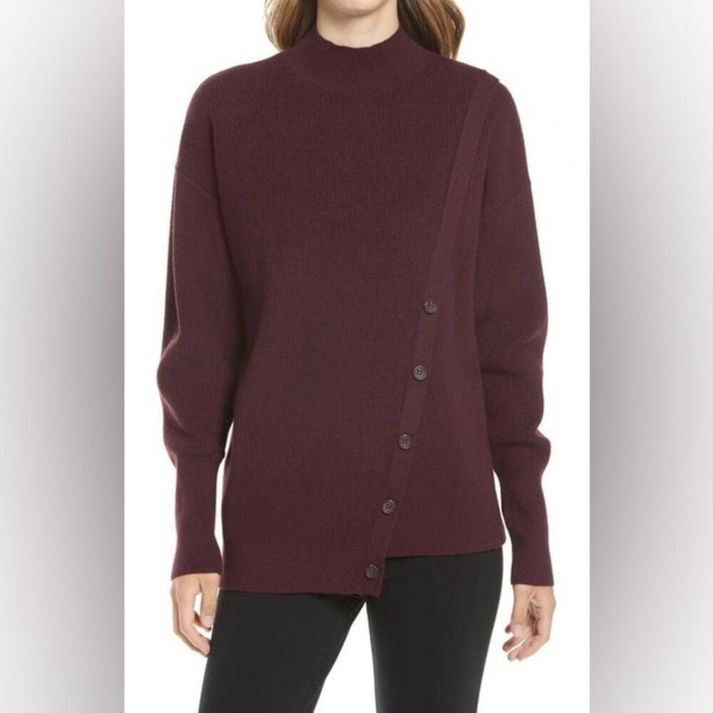 NWT Halogen Mock Neck Stitch Mix Sweater In Burgundy Stem Size Small $79